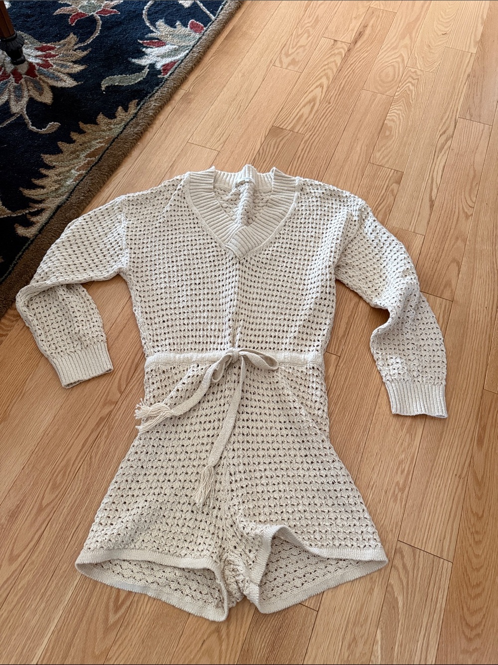 Tularosa Cream Crochet Knit Romper with Tie Waist